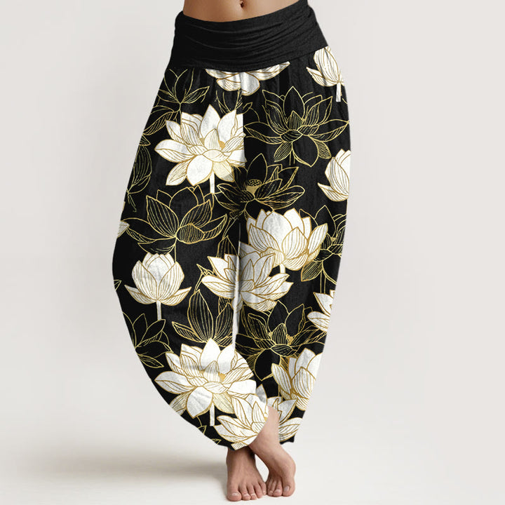 Buddha Stones Cotton Elegant Refined Lotus Flower Pattern Women's Elastic Waist Harem Pants - Black - US16，UK/AU20，EU48 (3XL) - image 5