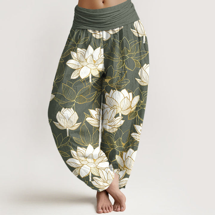 Buddha Stones Cotton Elegant Refined Lotus Flower Pattern Women's Elastic Waist Harem Pants - Gray - US16，UK/AU20，EU48 (3XL) - image 8