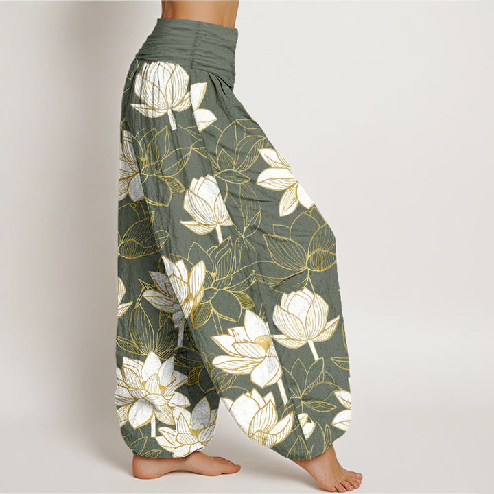 Buddha Stones Cotton Elegant Refined Lotus Flower Pattern Women's Elastic Waist Harem Pants - image 10