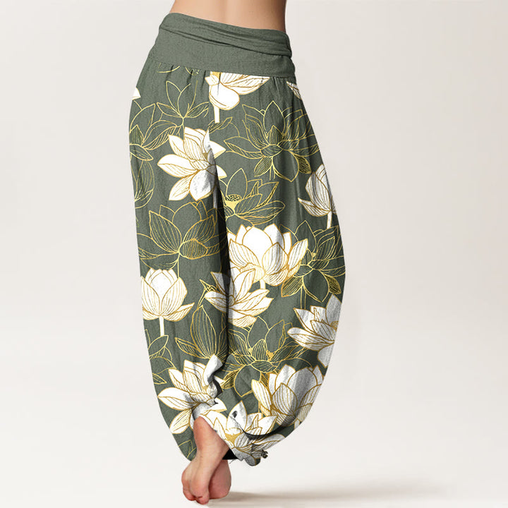 Buddha Stones Cotton Elegant Refined Lotus Flower Pattern Women's Elastic Waist Harem Pants - image 9