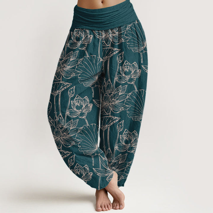 Buddha Stones Cotton Elegant Refined Lotus Flower Leaf Pattern Women's Elastic Waist Harem Pants - Teal - US16，UK/AU20，EU48 (3XL) - image 0