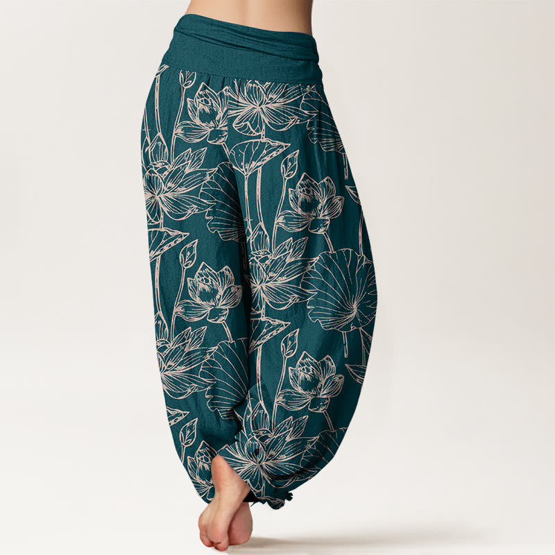 Buddha Stones Cotton Elegant Refined Lotus Flower Leaf Pattern Women's Elastic Waist Harem Pants - image 1
