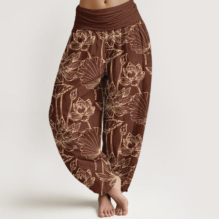 Buddha Stones Cotton Elegant Refined Lotus Flower Leaf Pattern Women's Elastic Waist Harem Pants - Brown - US16，UK/AU20，EU48 (3XL) - image 5