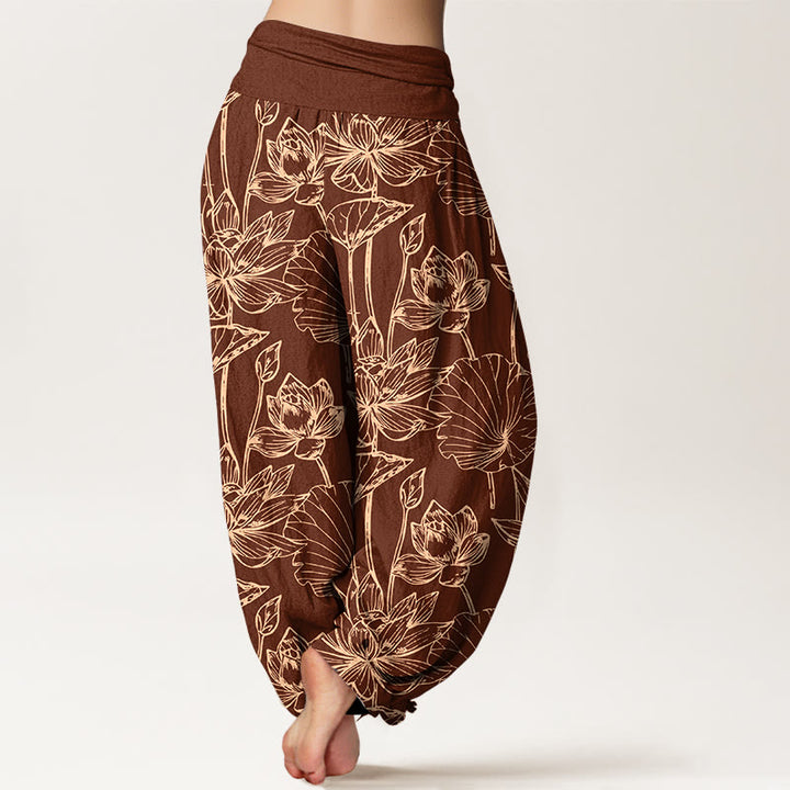Buddha Stones Cotton Elegant Refined Lotus Flower Leaf Pattern Women's Elastic Waist Harem Pants - image 7