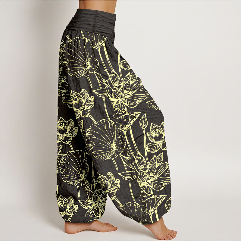 Buddha Stones Cotton Elegant Refined Lotus Flower Leaf Pattern Women's Elastic Waist Harem Pants - image 10