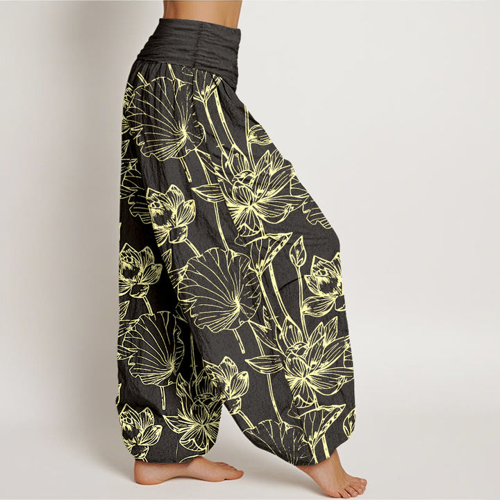 Buddha Stones Cotton Elegant Refined Lotus Flower Leaf Pattern Women's Elastic Waist Harem Pants - image 10