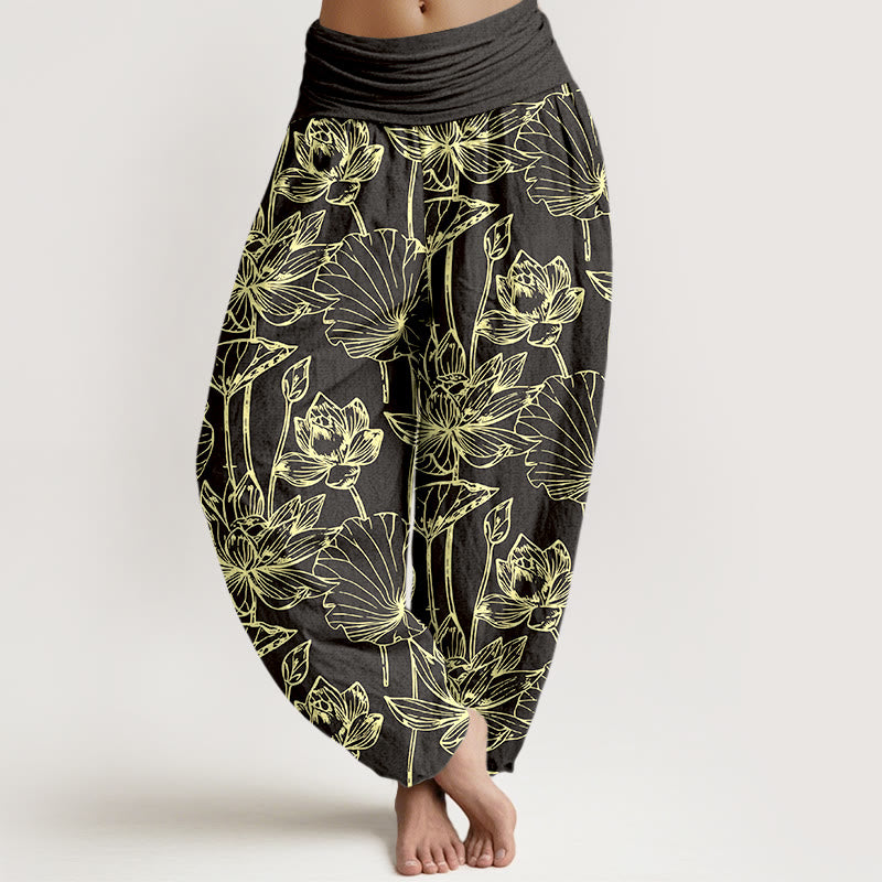 Buddha Stones Cotton Elegant Refined Lotus Flower Leaf Pattern Women's Elastic Waist Harem Pants - Black - US16，UK/AU20，EU48 (3XL) - image 8