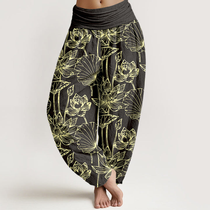 Buddha Stones Cotton Elegant Refined Lotus Flower Leaf Pattern Women's Elastic Waist Harem Pants - Black - US16，UK/AU20，EU48 (3XL) - image 8