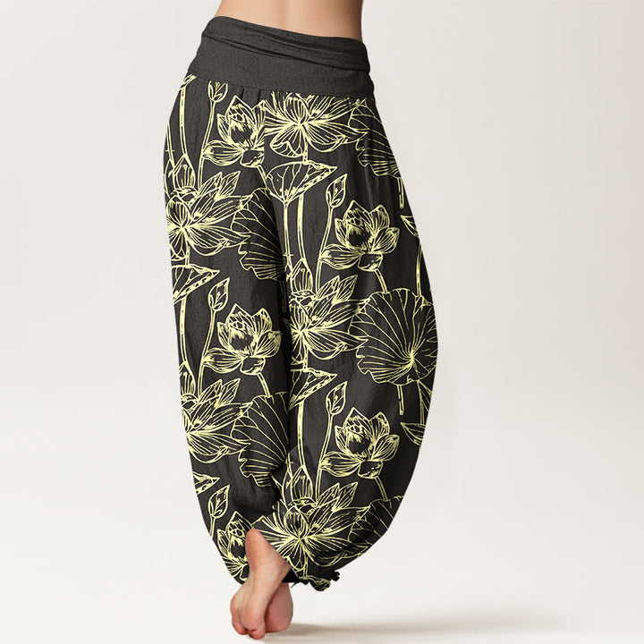 Buddha Stones Cotton Elegant Refined Lotus Flower Leaf Pattern Women's Elastic Waist Harem Pants - image 9
