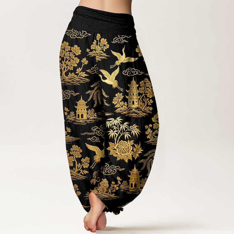 Buddha Stones Cotton Gorgeous Tree Crane Architecture Cloud Peony Pattern Women's Elastic Waist Harem Pants - image 1