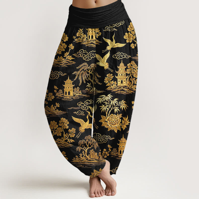 Buddha Stones Cotton Gorgeous Tree Crane Architecture Cloud Peony Pattern Women's Elastic Waist Harem Pants - Black - US16，UK/AU20，EU48 (3XL) - image 0