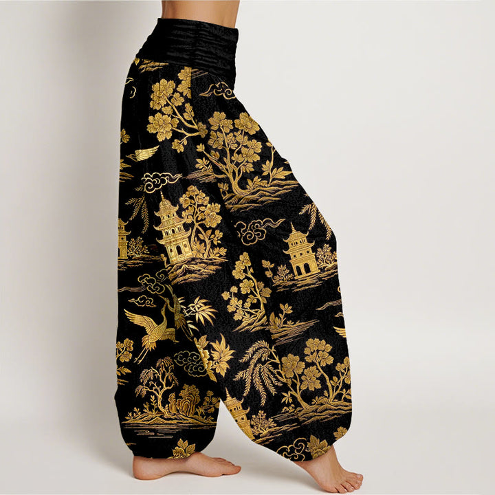 Buddha Stones Cotton Gorgeous Tree Crane Architecture Cloud Peony Pattern Women's Elastic Waist Harem Pants - image 2