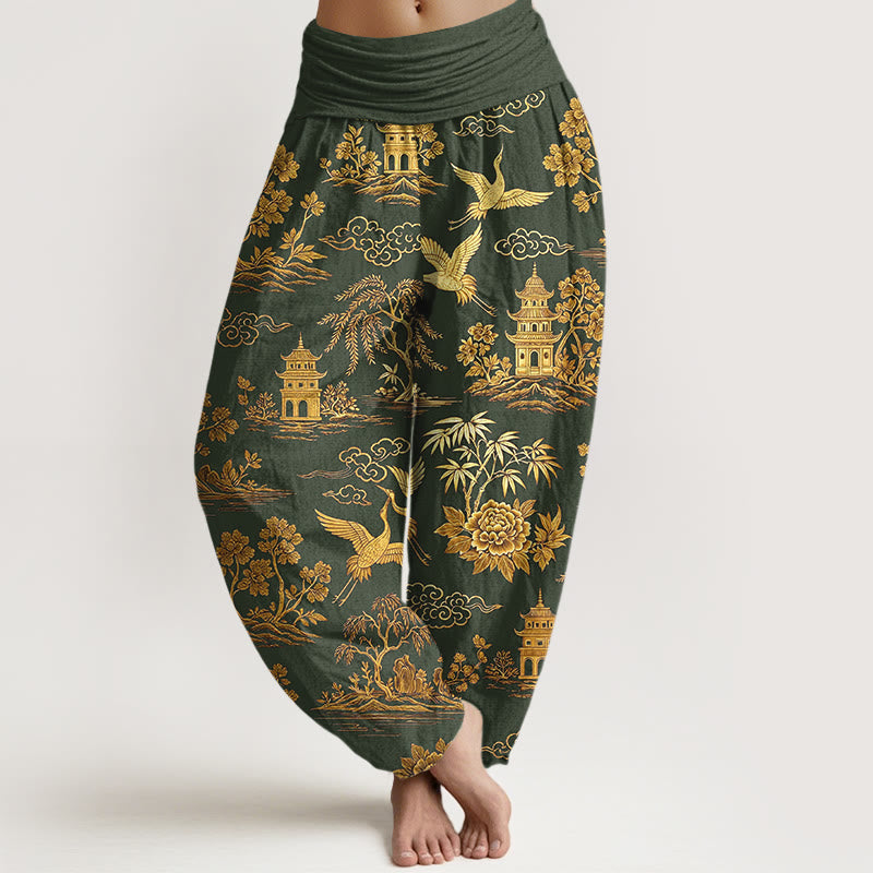 Buddha Stones Cotton Gorgeous Tree Crane Architecture Cloud Peony Pattern Women's Elastic Waist Harem Pants - DarkOliveGreen - US16，UK/AU20，EU48 (3XL) - image 5