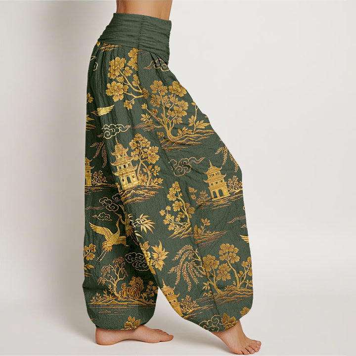 Buddha Stones Cotton Gorgeous Tree Crane Architecture Cloud Peony Pattern Women's Elastic Waist Harem Pants - image 7