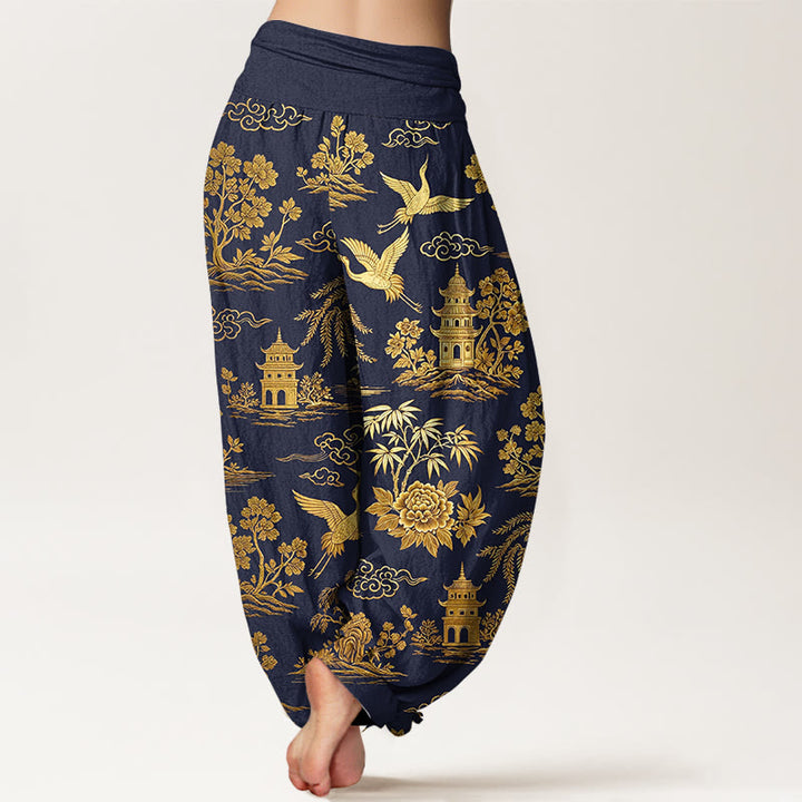 Buddha Stones Cotton Gorgeous Tree Crane Architecture Cloud Peony Pattern Women's Elastic Waist Harem Pants - image 9