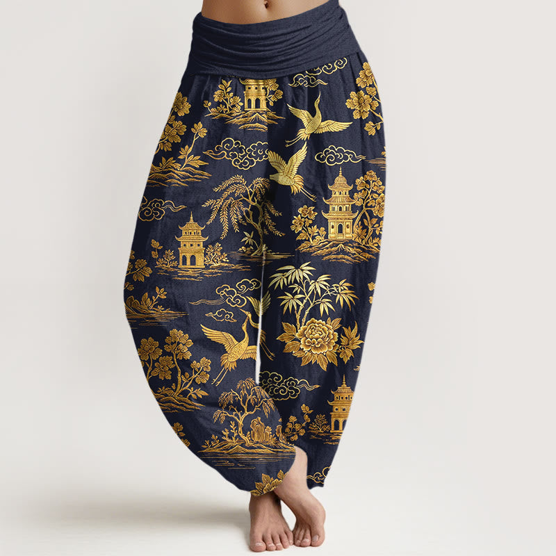 Buddha Stones Cotton Gorgeous Tree Crane Architecture Cloud Peony Pattern Women's Elastic Waist Harem Pants - MidnightBlue - US16，UK/AU20，EU48 (3XL) - image 8