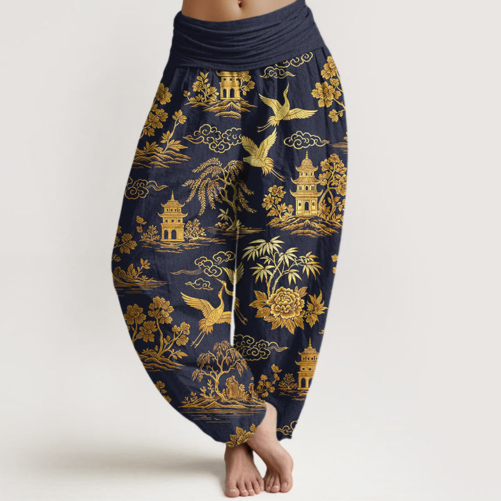 Buddha Stones Cotton Gorgeous Tree Crane Architecture Cloud Peony Pattern Women's Elastic Waist Harem Pants - MidnightBlue - US16，UK/AU20，EU48 (3XL) - image 8
