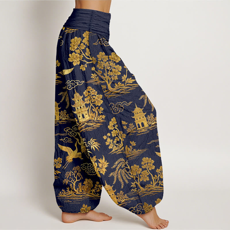 Buddha Stones Cotton Gorgeous Tree Crane Architecture Cloud Peony Pattern Women's Elastic Waist Harem Pants - image 10