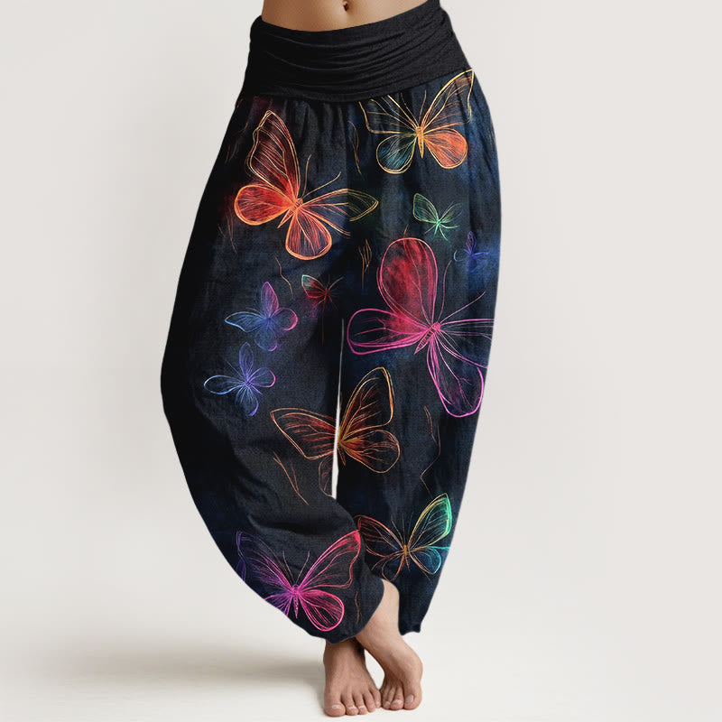 Buddha Stones Cotton Dreamlike Butterfly Pattern Women's Elastic Waist Harem Pants - Black - US16，UK/AU20，EU48 (3XL) - image 0