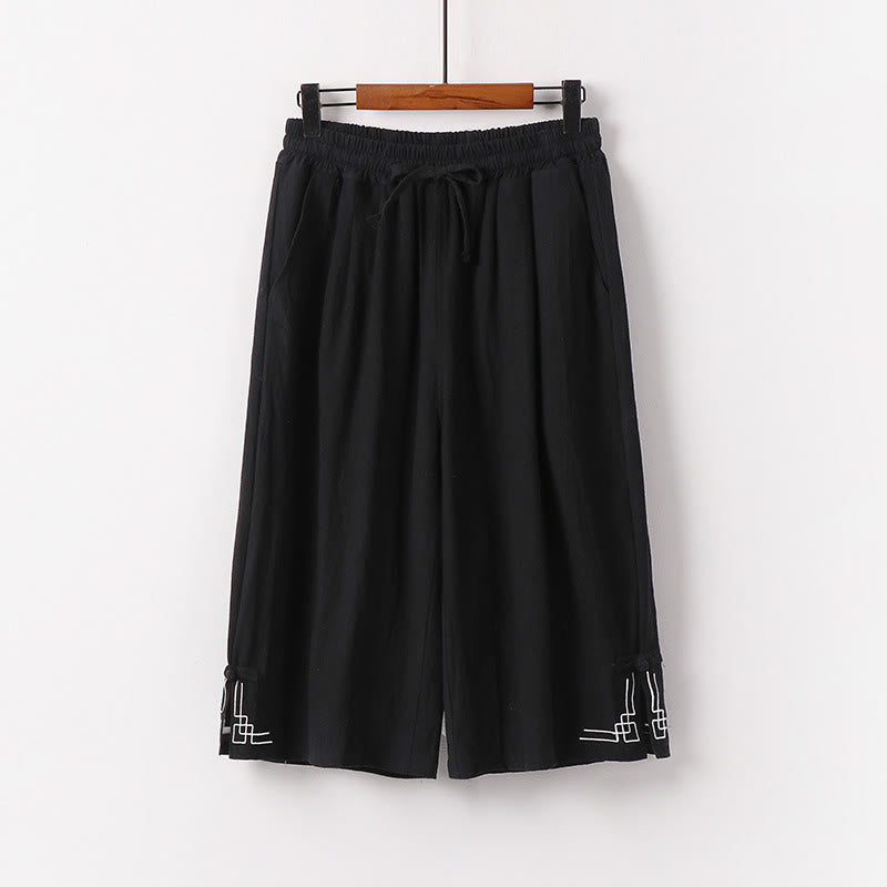 Buddha Stones Plain Drawstring Design Men's Capri Cropped Cotton Linen Wide Leg Pants With Pockets - Black - US/UK/AU54，EU64 (9XL) - image 1