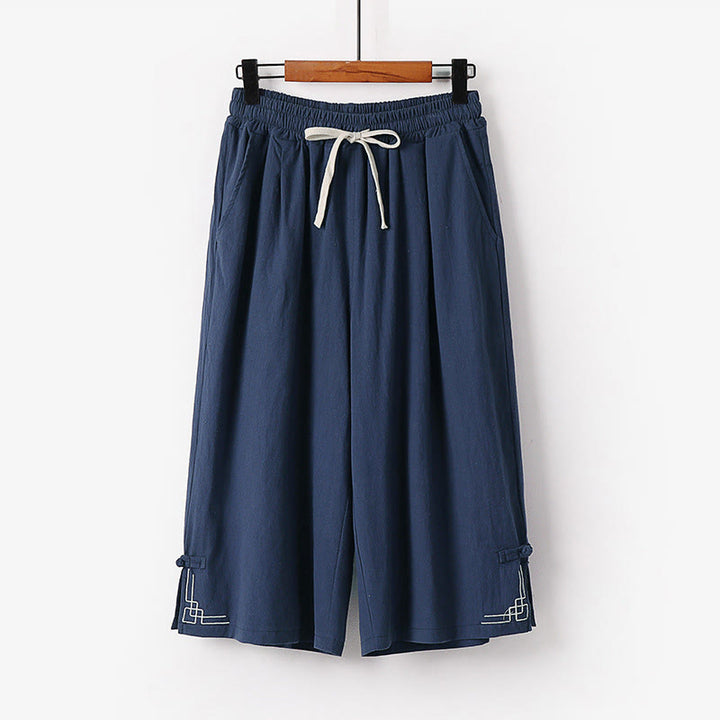 Buddha Stones Plain Drawstring Design Men's Capri Cropped Cotton Linen Wide Leg Pants With Pockets - SteelBlue - US/UK/AU54，EU64 (9XL) - image 9