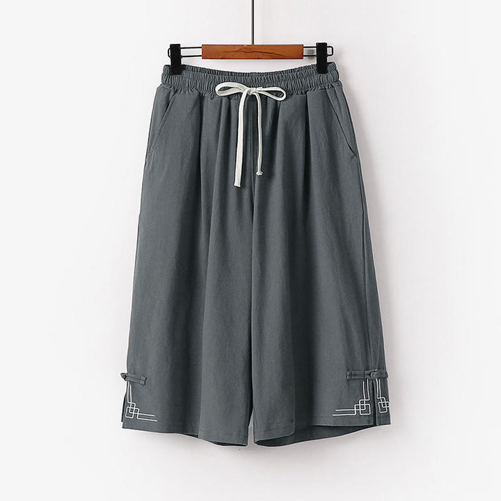 Buddha Stones Plain Drawstring Design Men's Capri Cropped Cotton Linen Wide Leg Pants With Pockets - Gray - US/UK/AU54，EU64 (9XL) - image 0