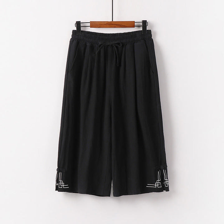 Buddha Stones Plain Drawstring Design Men's Capri Cropped Cotton Linen Wide Leg Pants With Pockets - Black - US/UK/AU54，EU64 (9XL) - image 1