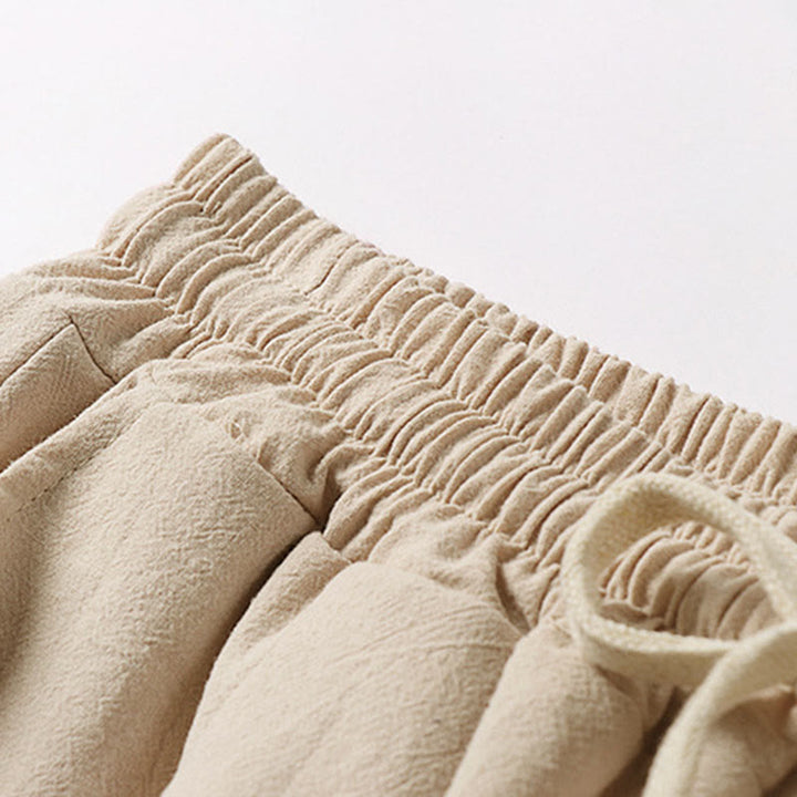 Buddha Stones Plain Drawstring Design Men's Capri Cropped Cotton Linen Wide Leg Pants With Pockets - image 3