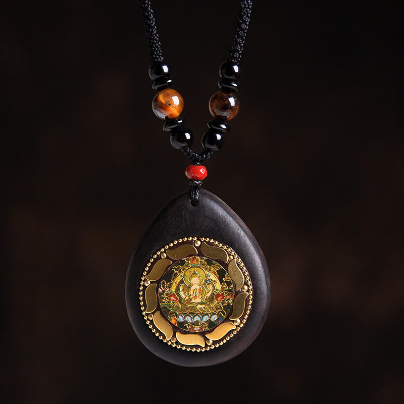 Buddha Stones Chinese Zodiac Natal Buddha Ebony Wood Tiger Eye Black Onyx Calm Necklace Pendants - Rat-Thousand-armed Avalokitesvara - image 1