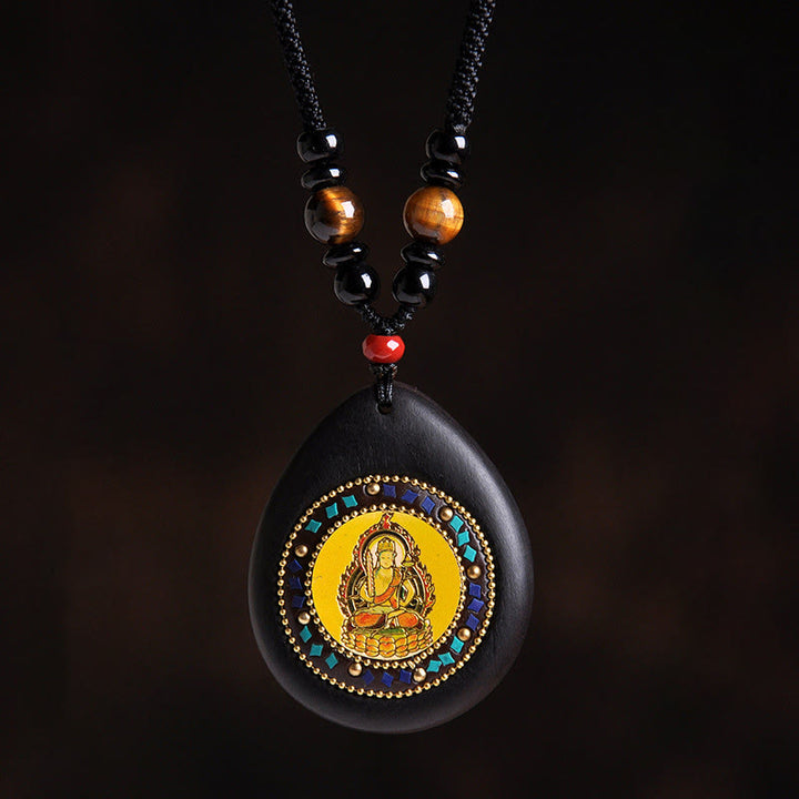 Buddha Stones Chinese Zodiac Natal Buddha Ebony Wood Tiger Eye Black Onyx Calm Necklace Pendants - Ox/Tiger-Void Bodhisattva - image 2