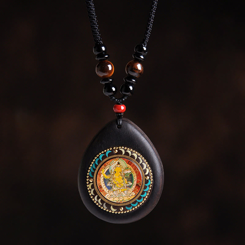 Buddha Stones Chinese Zodiac Natal Buddha Ebony Wood Tiger Eye Black Onyx Calm Necklace Pendants - Rabbit-Manjushri Bodhisattva - image 3