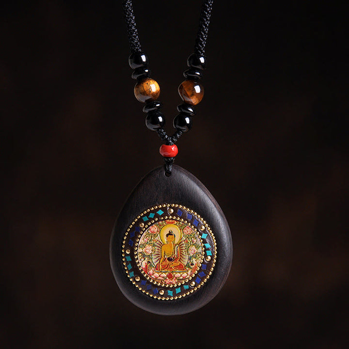Buddha Stones Chinese Zodiac Natal Buddha Ebony Wood Tiger Eye Black Onyx Calm Necklace Pendants - Goat/Monkey-Tathagata - image 12