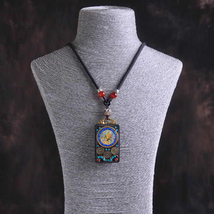 Buddha Stones Thangka Yin Yang Copper Coins Ebony Wood Zakiram Balance Pendant Necklace - image 18
