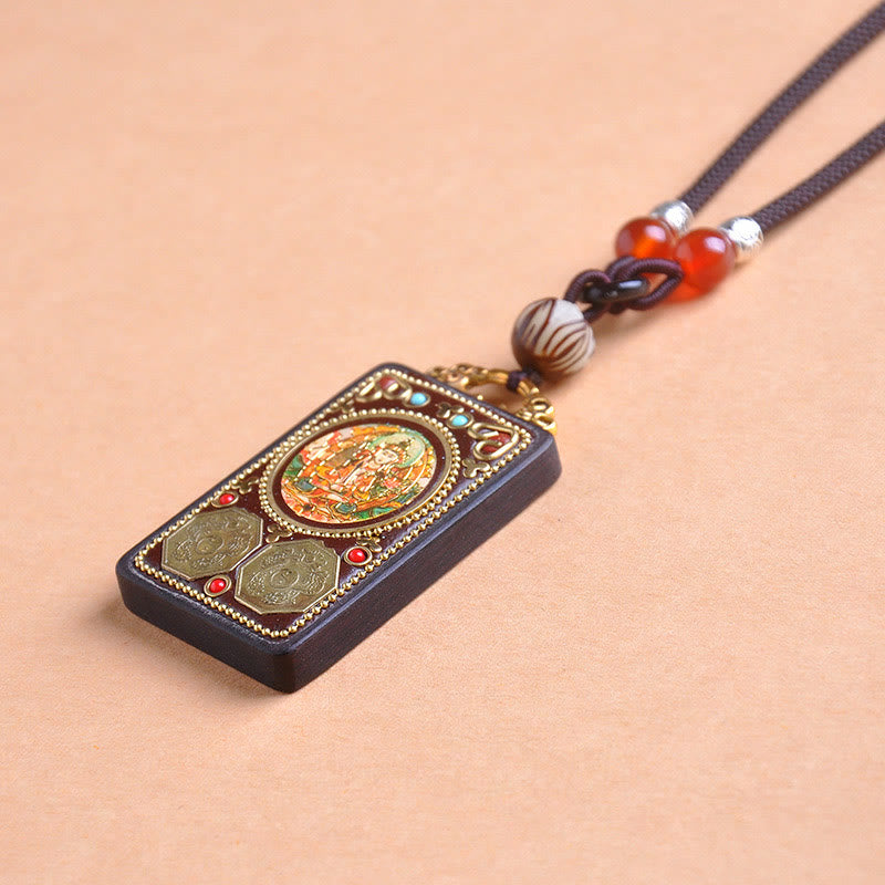 Buddha Stones Thangka Yin Yang Copper Coins Ebony Wood Zakiram Balance Pendant Necklace - image 10