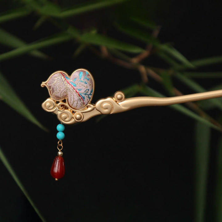 Buddha Stones Gourd Flower Pattern Red Agate Copper Calm Hairpin - image 7