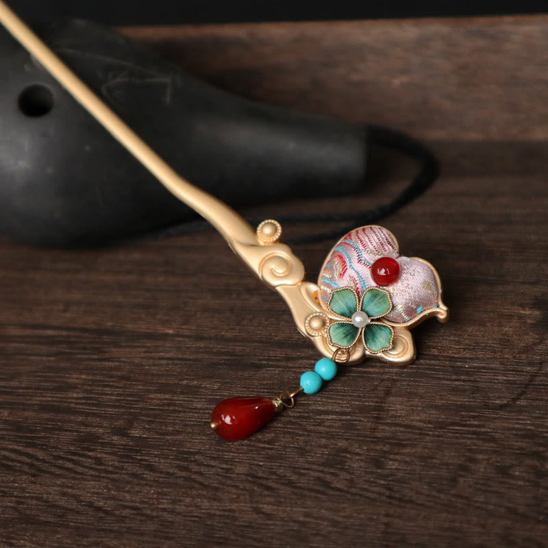 Buddha Stones Gourd Flower Pattern Red Agate Copper Calm Hairpin - image 3