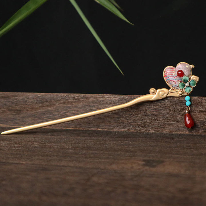Buddha Stones Gourd Flower Pattern Red Agate Copper Calm Hairpin - Gourd Flower Pattern - image 0
