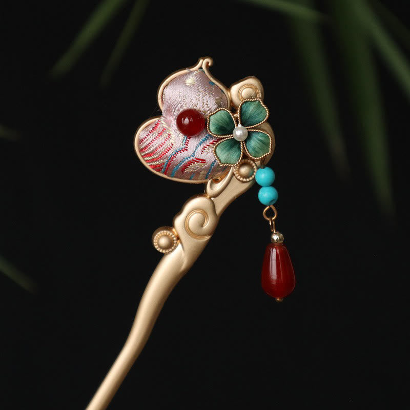 Buddha Stones Gourd Flower Pattern Red Agate Copper Calm Hairpin - image 1