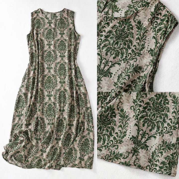 Buddha Stones Commute Summer Printing Simple Design Crew Neck Sleeveless Maxi Dress - image 3