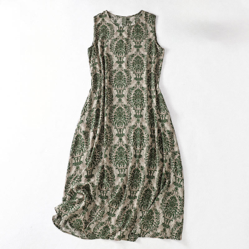 Buddha Stones Commute Summer Printing Simple Design Crew Neck Sleeveless Maxi Dress - DarkGreen - US14，UK/AU18，EU46 (2XL) - image 1