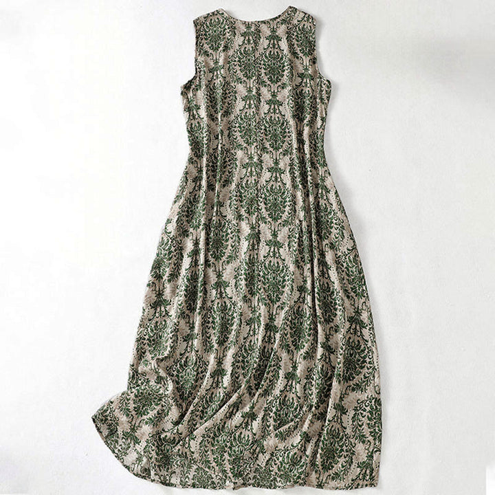 Buddha Stones Commute Summer Printing Simple Design Crew Neck Sleeveless Maxi Dress - image 2