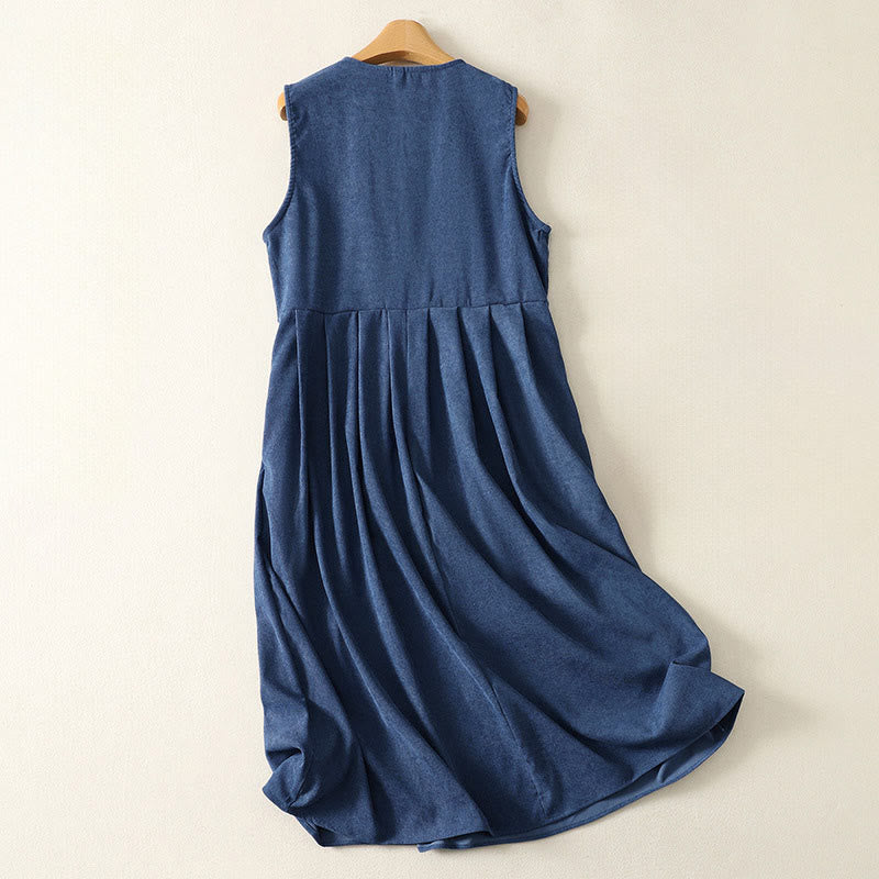 Buddha Stones Spring Retro DarkBlue Plain Sleeveless Midi Dress With Pockets - image 1