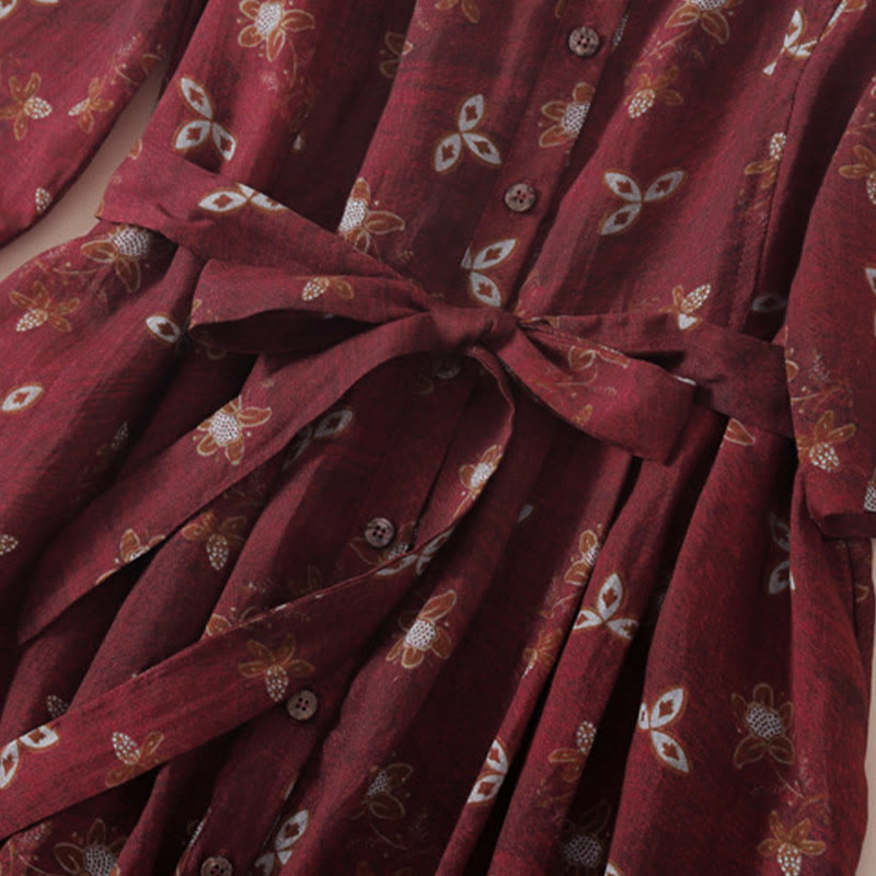 Buddha Stones Summer Printing Floral Button Lace-Up Design Half Sleeve Midi Dress With Pockets - image 5