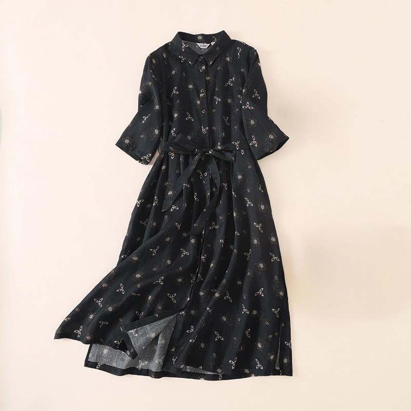 Buddha Stones Summer Printing Floral Button Lace-Up Design Half Sleeve Midi Dress With Pockets - Black - US12，UK/AU16，EU44 (3XL) - image 11