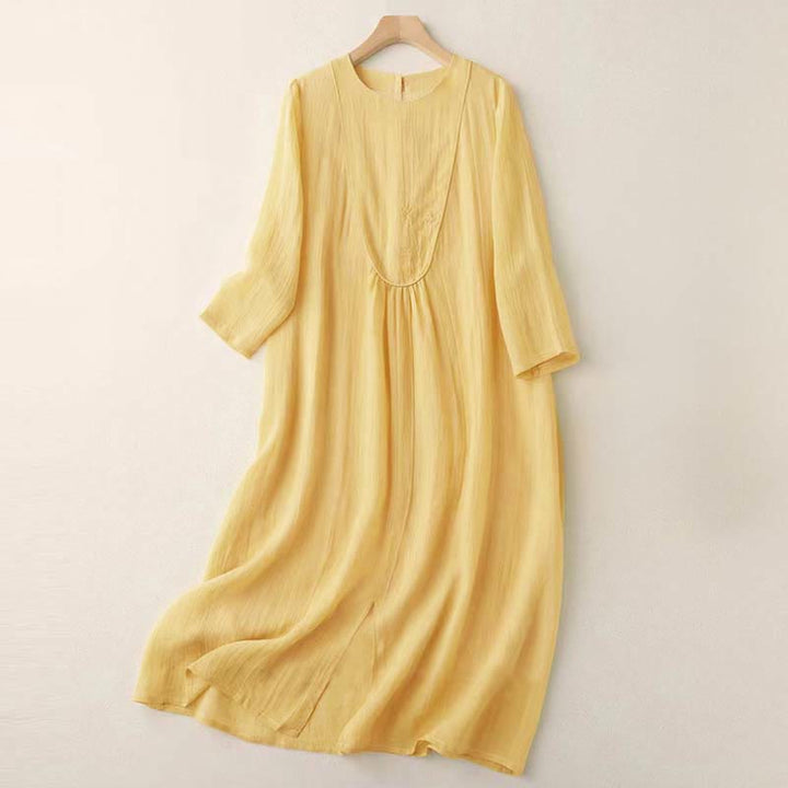 Buddha Stones Commute Solid Color Embroidery Double Layer Crew Neck Long Sleeve Cotton Midi Dress - Gold - US8-10，UK/AU12-14，EU40-42 (2XL) - image 0