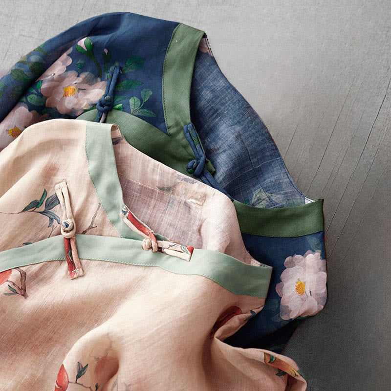 Buddha Stones Frog-Button Orchid Pomegranate Flowers Pattern Side Slit Design Half Sleeve Midi Dress - image 21