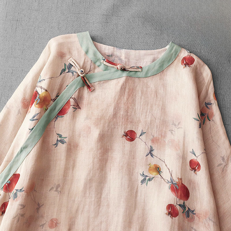 Buddha Stones Frog-Button Orchid Pomegranate Flowers Pattern Side Slit Design Half Sleeve Midi Dress - image 3