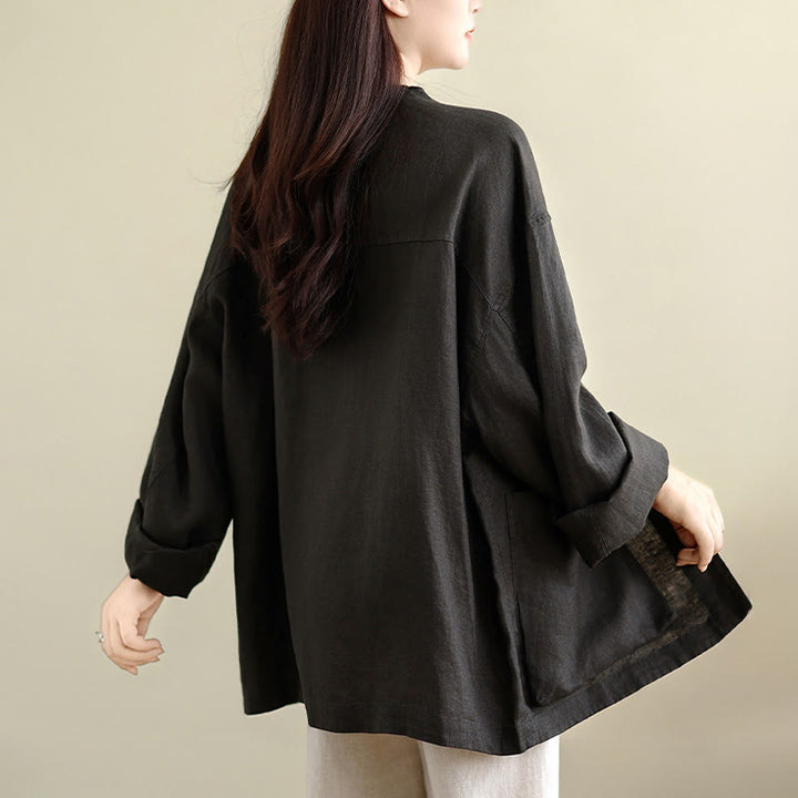 Buddha Stones Spring Crew Neck Long Sleeve Plain Women's Cotton Buttons Shirt With Pockets - image 6
