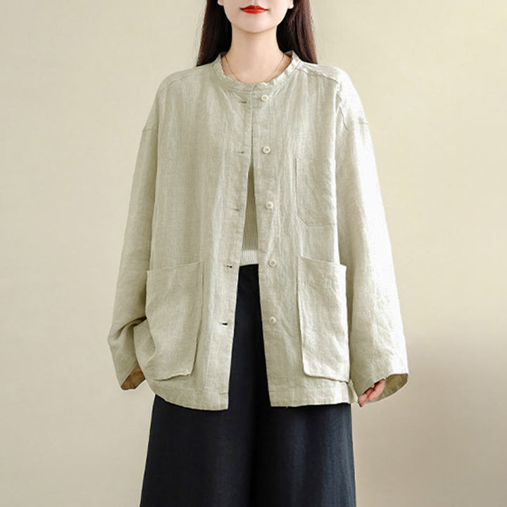 Buddha Stones Spring Crew Neck Long Sleeve Plain Women's Cotton Buttons Shirt With Pockets - image 9