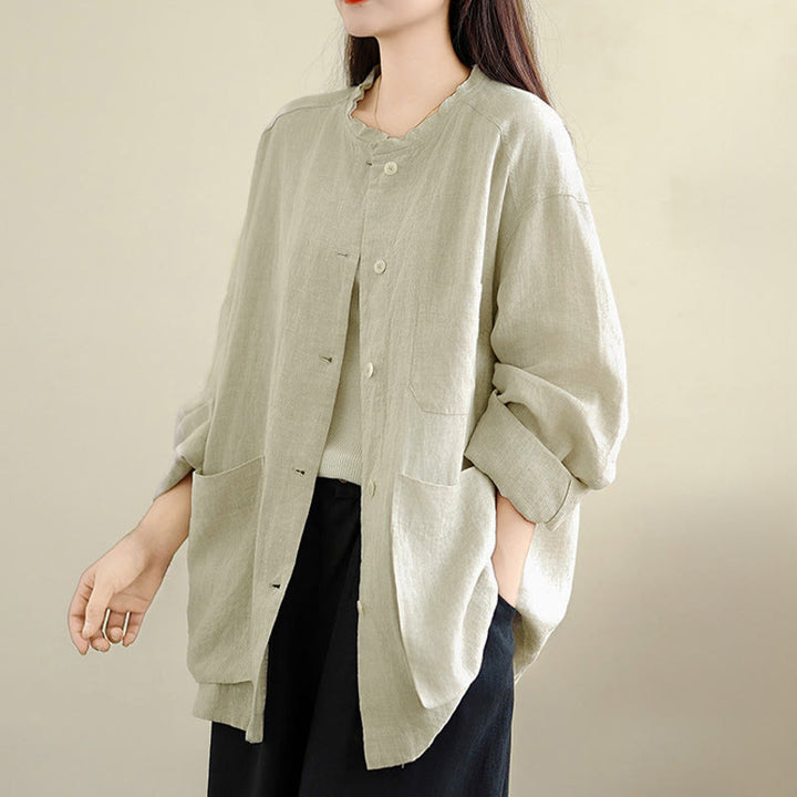 Buddha Stones Spring Crew Neck Long Sleeve Plain Women's Cotton Buttons Shirt With Pockets - image 8